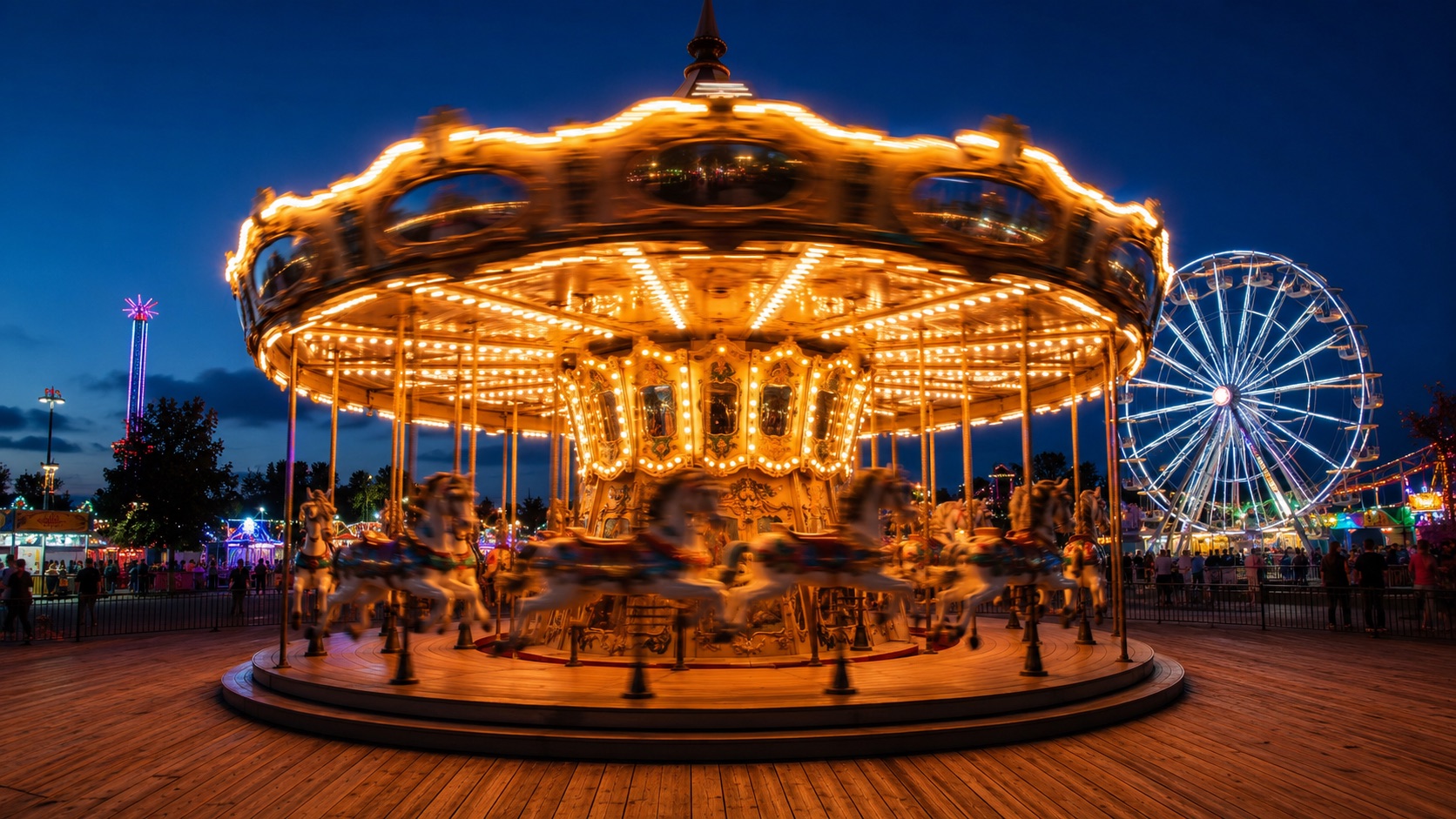 A carousel glowing at night